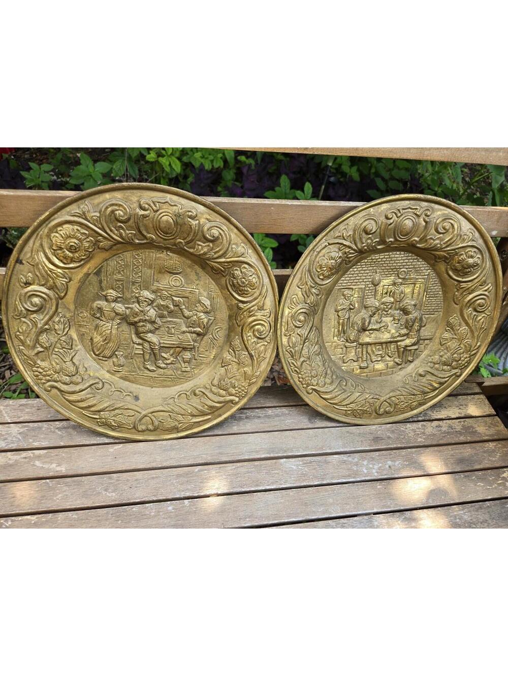 Set Of 2  EMBOSSED Brass Tin Made In ENGLAND Wall Decorative 12" Plate Plaque